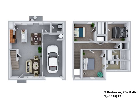 Floor plan for 3 beds, 2 baths, 1332 sqft